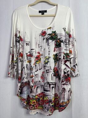 Karen Kane White Venice Scenic Floral Print Scoop-Neck Tunic Top